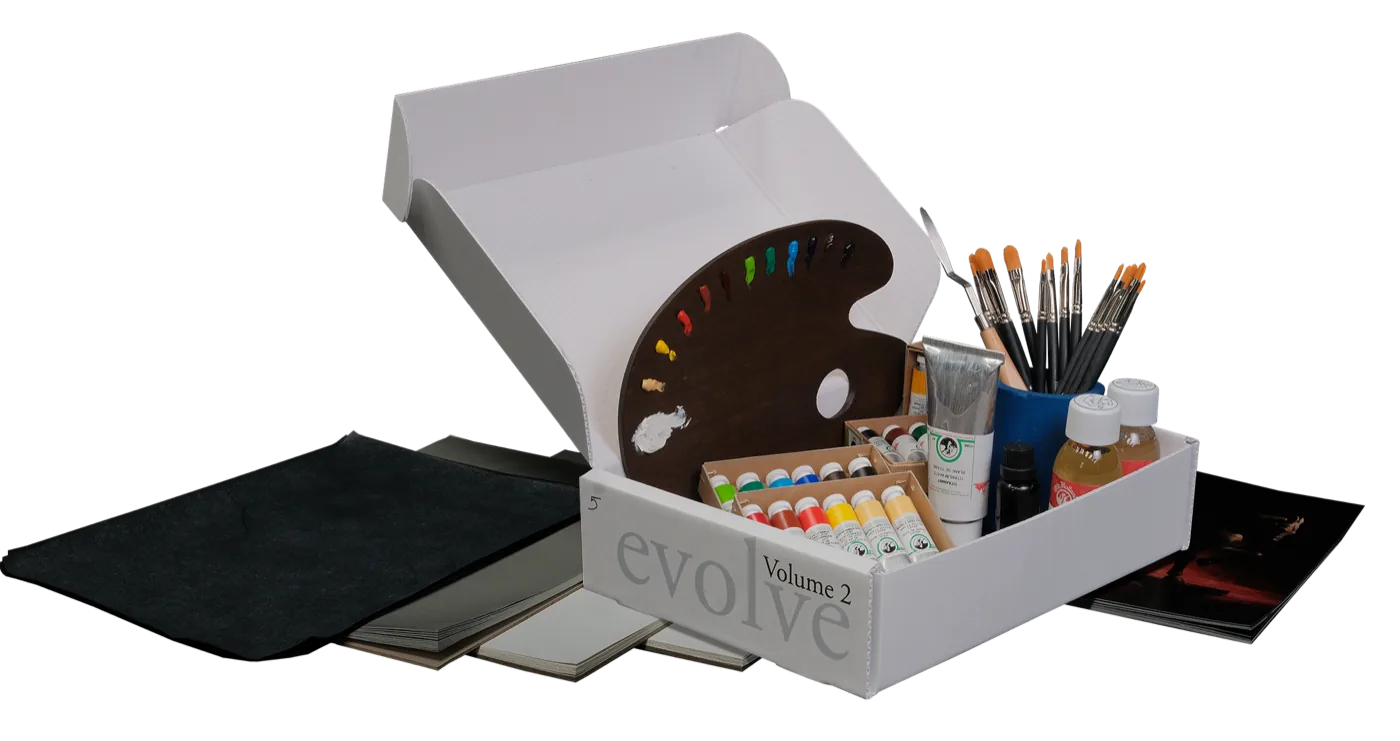 The Evolve Artist materials box: Old Holland paint, brushes, canvas and reference packets