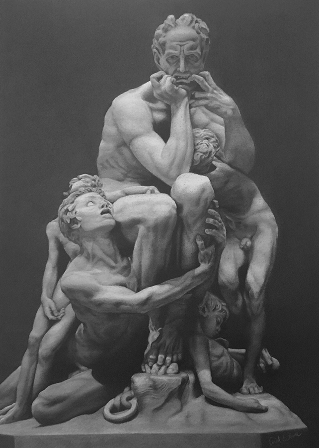 This complex drawing of Carpeaux's sculpture is made up of values and edges.