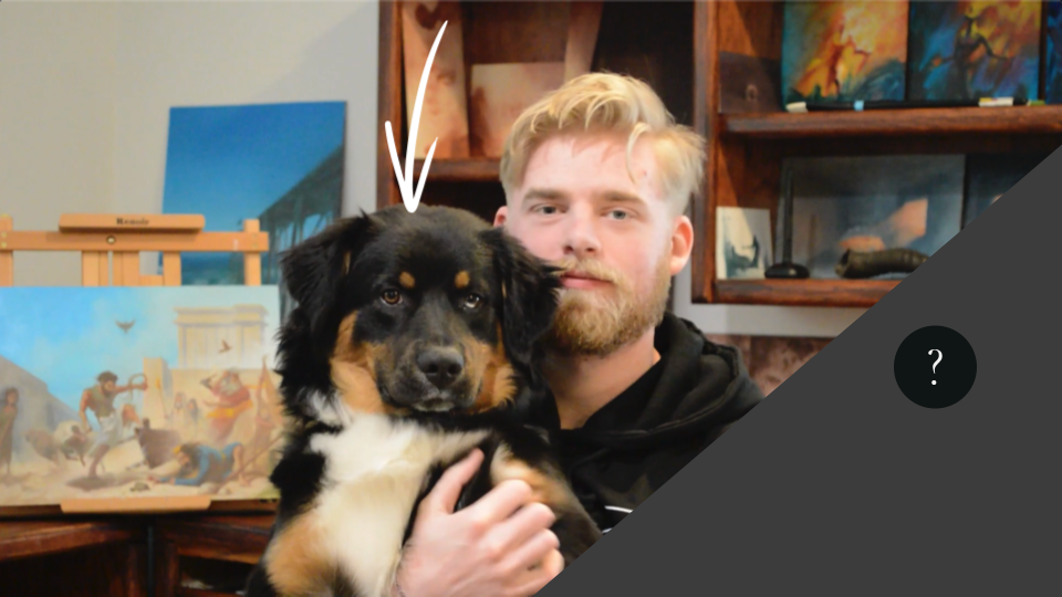 Daniel Folta and Carter the dog, "black" fur? Evolve Artist's Daniel Folta with Carter the dog; arrow pointing at black fur on his head
