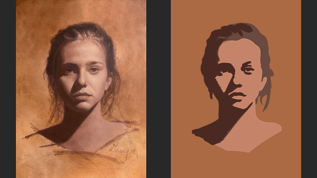 With just two values and the correct shape, the structure of the portrait will make the face immediately recognizable.