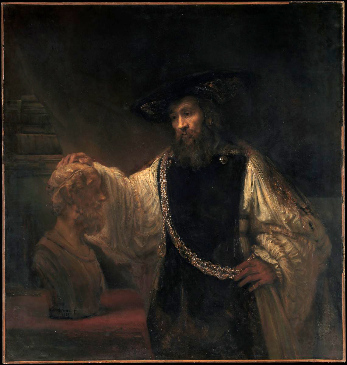 Aristotle with a Bust of Homer by Rembrandt, one of the old masters of portrait art.