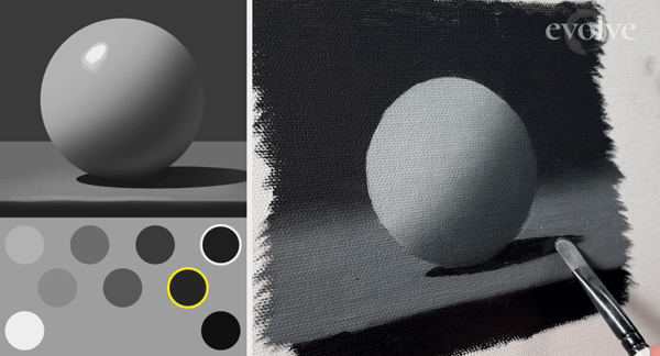Step 1: Add a reflection using the value that is a half step up from the extreme shadow on the table (value 3.5) and the moderate shadow on the sphere (value 2.5).
