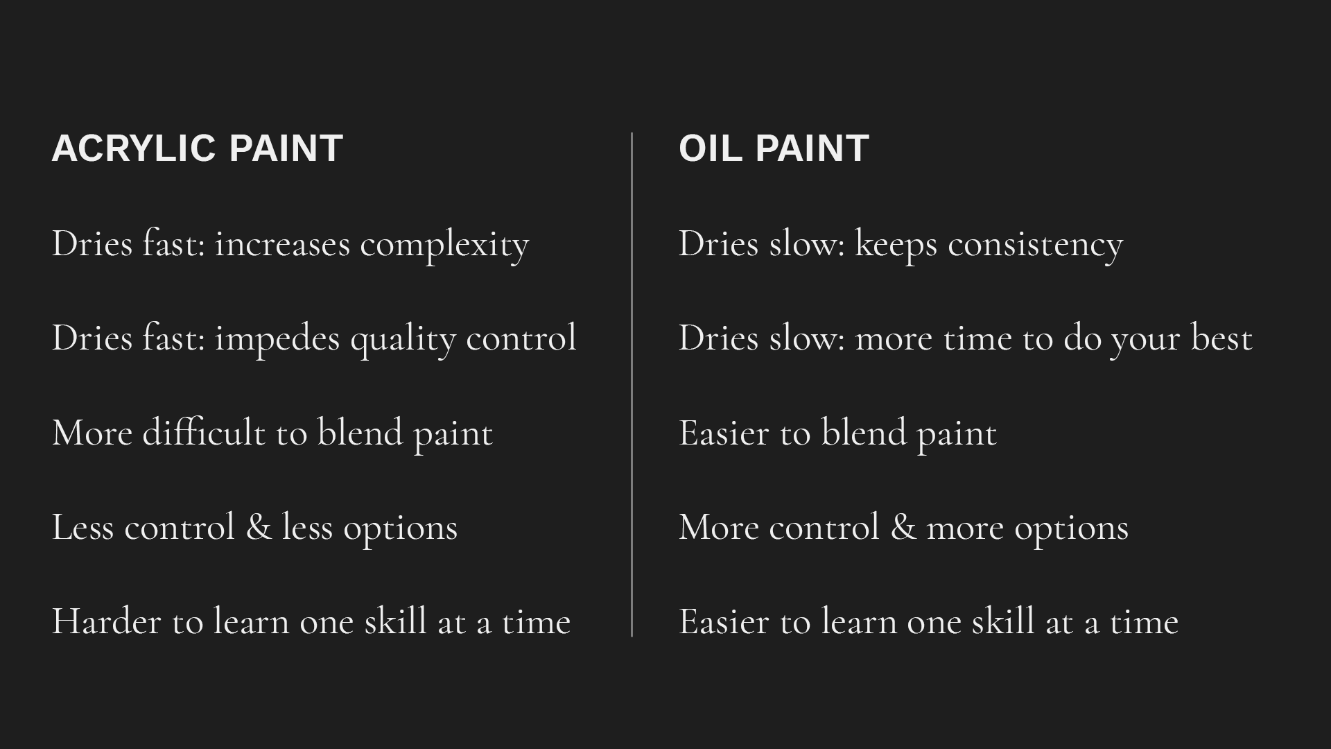 These technical points explain why oil paint is the best to choose when you’re learning how to paint.
