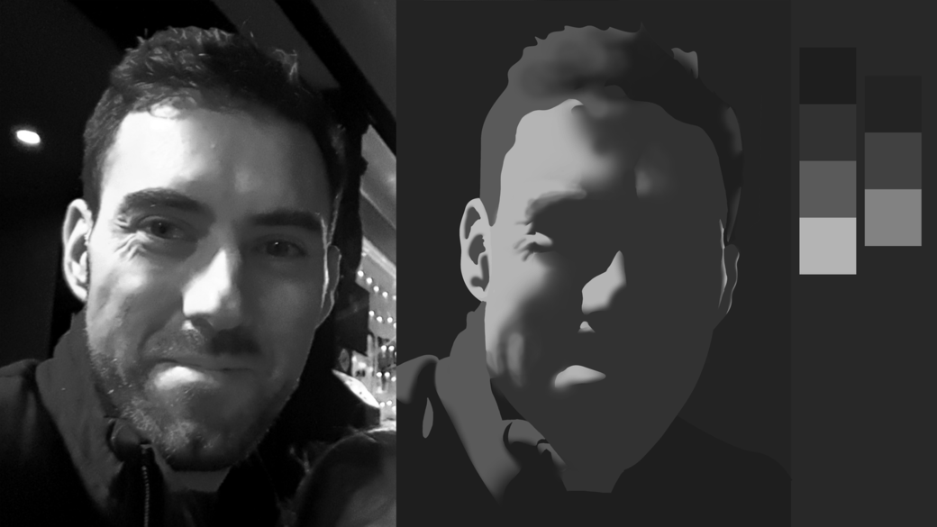 You can use the admixture that is a half step down from the moderate shadow to add darker details in the face of your grayscale portrait.