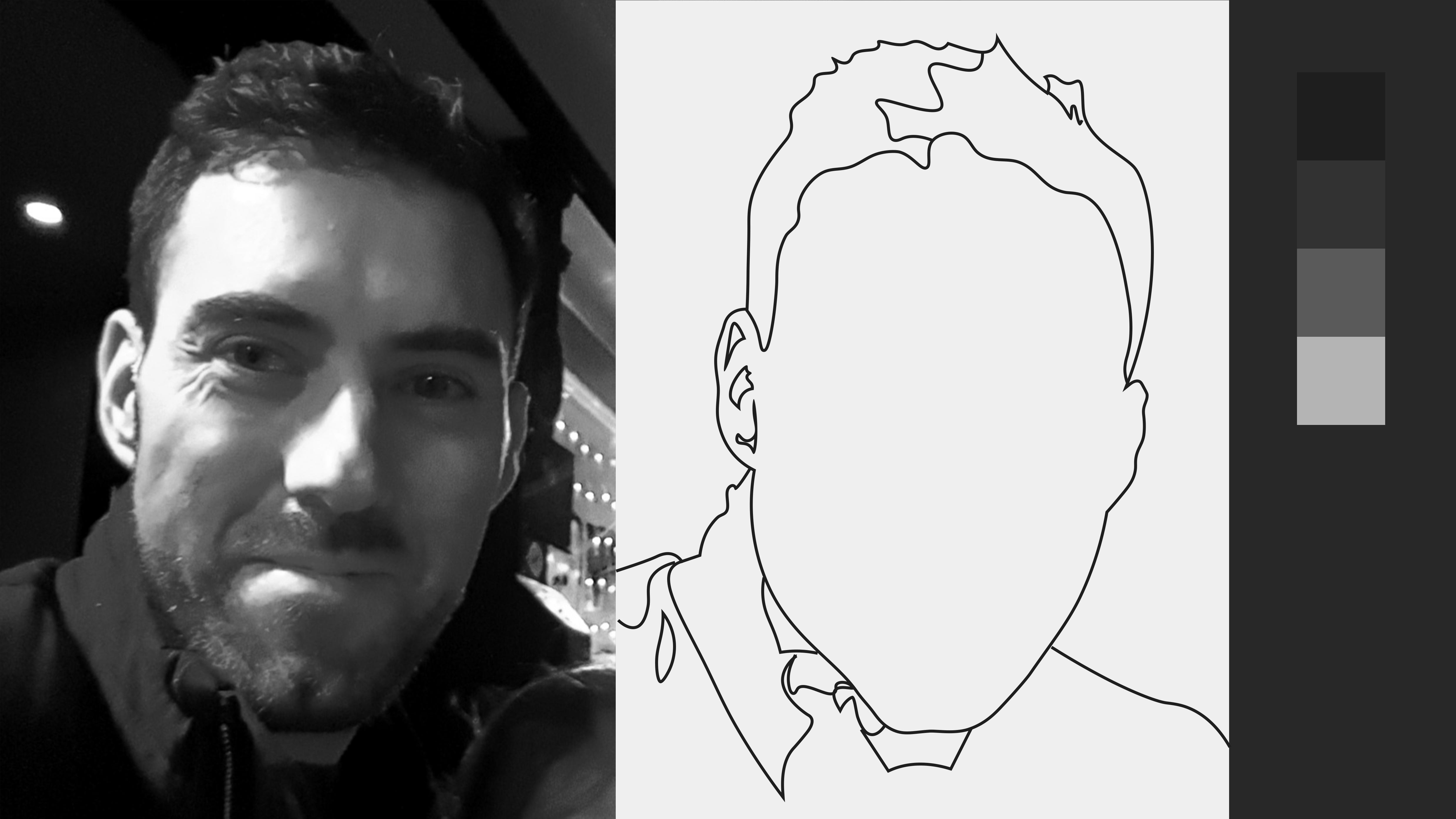 The first step for your grayscale portrait is to transfer the outline of the image on your canvas and marking the areas where there is a clear shift in value (where the light and shadow meet).