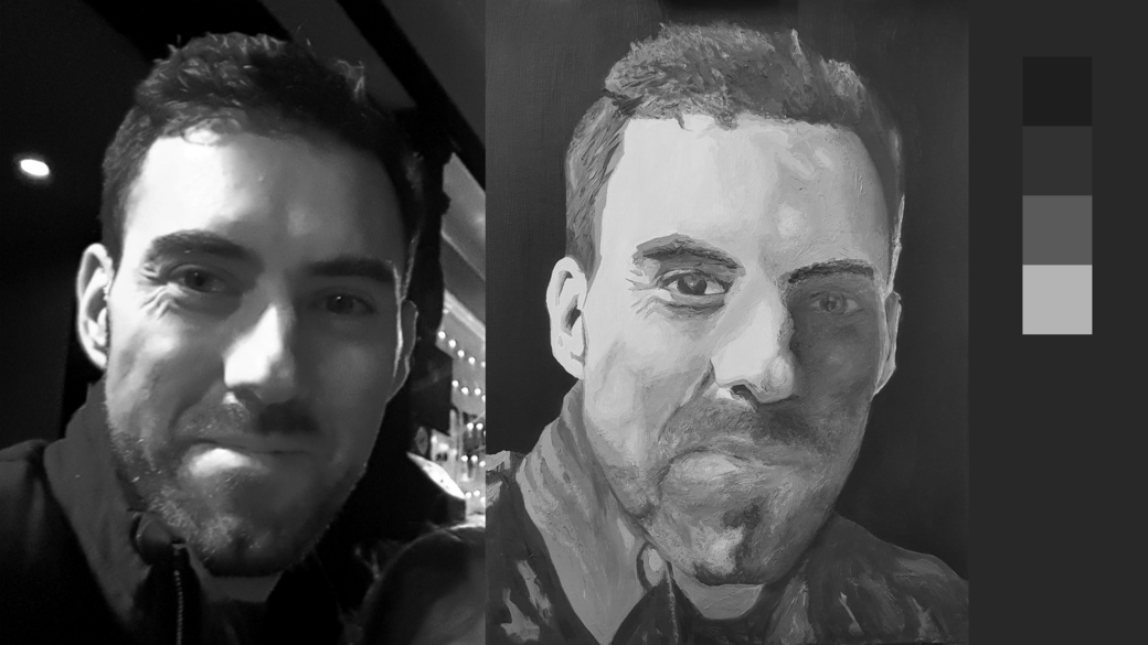 Andrew’s choice of light and shadow impacted his ability to capture the likeness of his subject in his grayscale portrait.