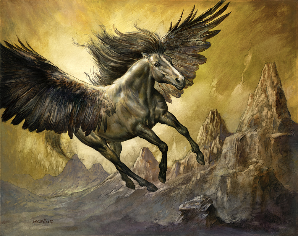 The artwork of Boris Vallejo was Kevin’s early inspiration. While he tried to emulate Boris’ work, without feedback, the journey was filled with misinterpretation. (Flight of the Pegasus, Boris Vallejo)
