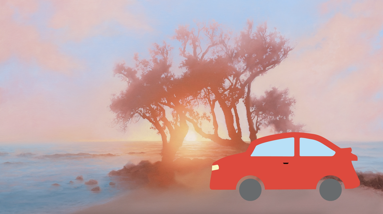 The color palette has to prioritize the brightness and vibrancy of the sun. Anything brighter, like this red car, will make the sun appear dull.