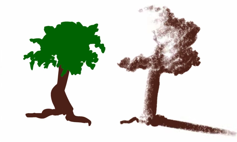 A simple example that shows the difference between painting a tree, and painting the light and shadow to create the impression of a tree.