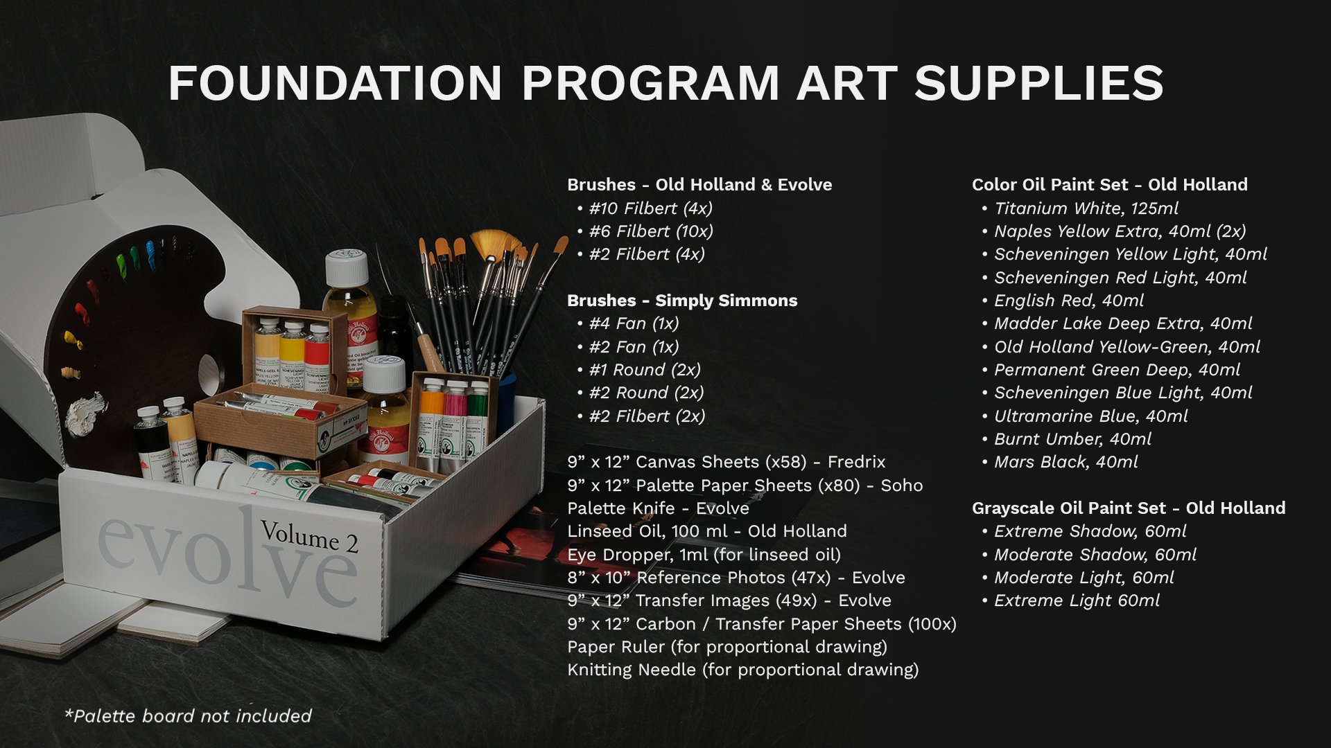 A full list of all the oil painting supplies that are included in the Evolve Artist Foundations Program (not including the palette board).